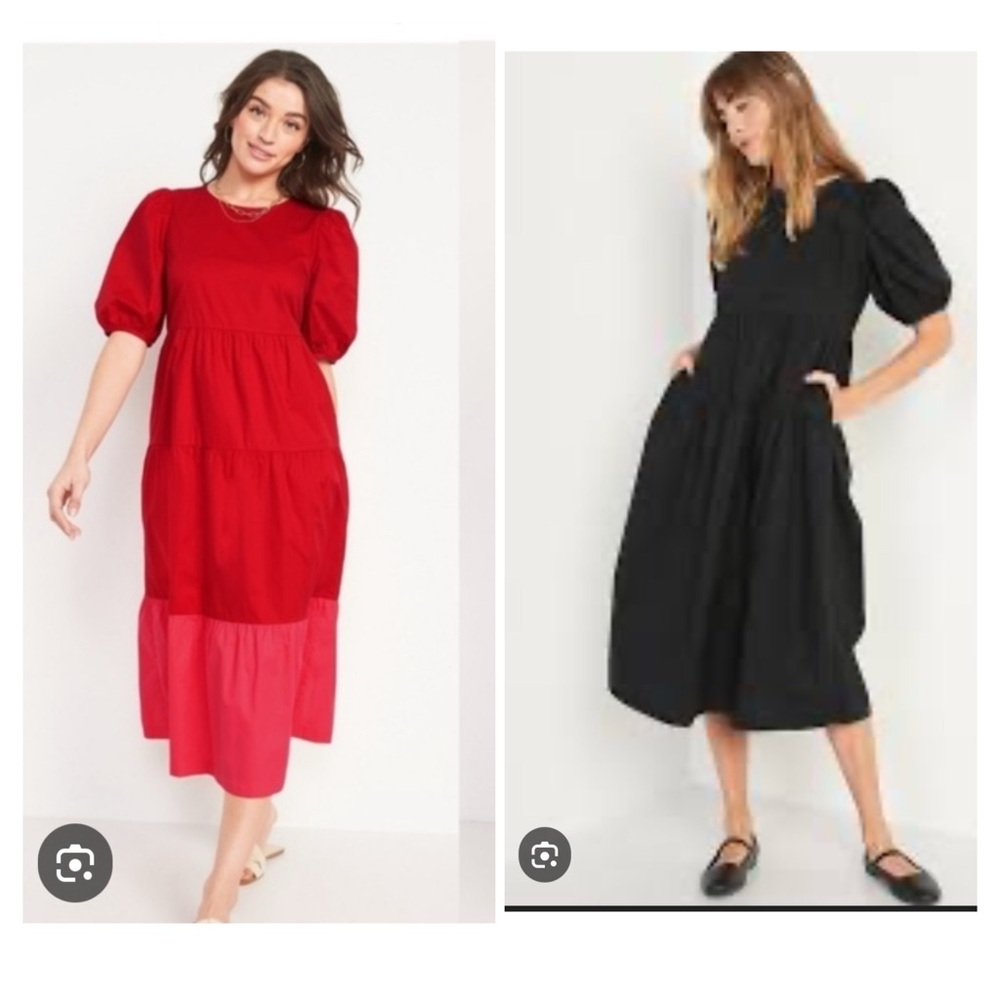 Old Navy Red and Black Midi Dress with Puff Sleeves